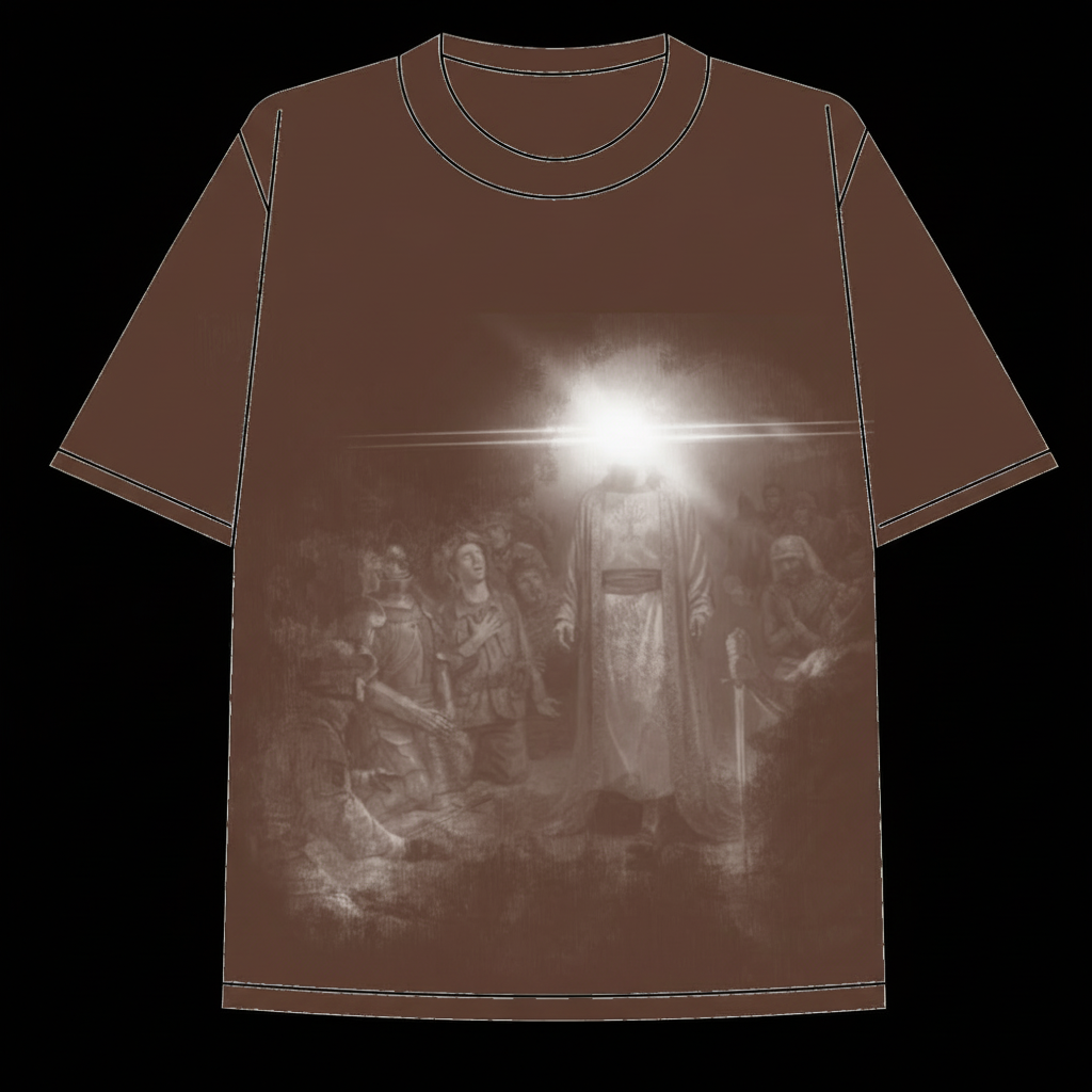 Brown heavyweight  t-shirt with graphic of the messiah shining bright with his purity amongst kneeling men.
