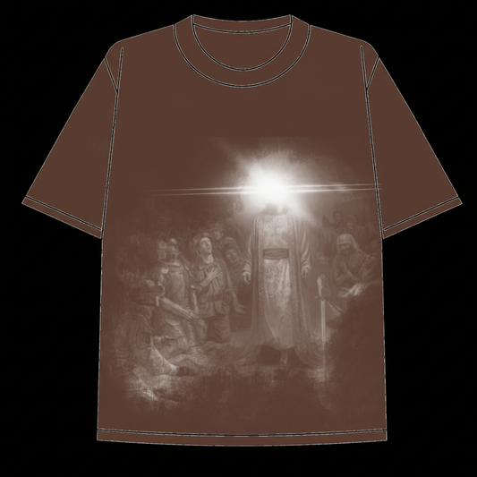 Brown heavyweight  t-shirt with graphic of the messiah shining bright with his purity amongst kneeling men.