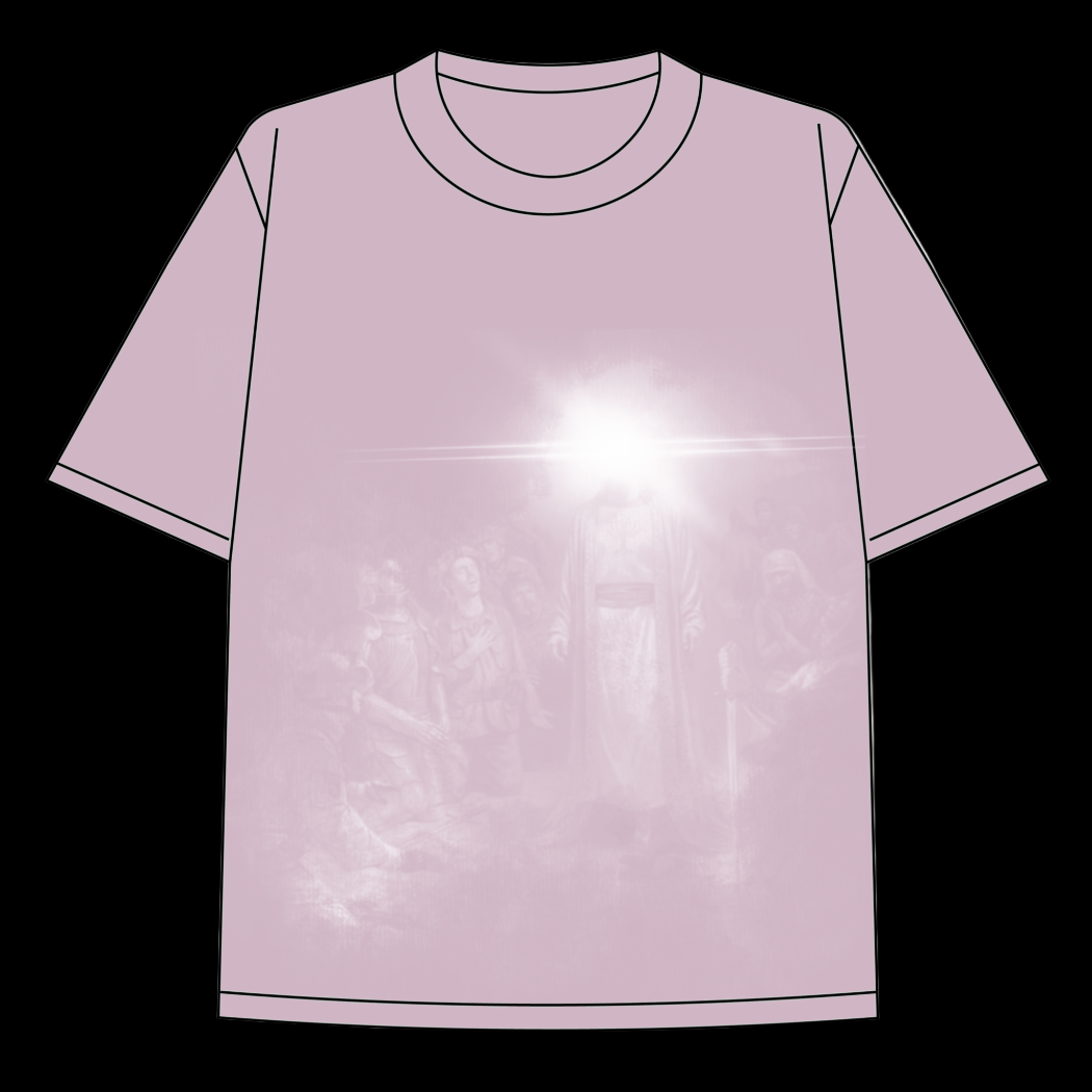 Pink heavyweight t-shirt with graphic of the messiah shining bright with his purity amongst kneeling men.