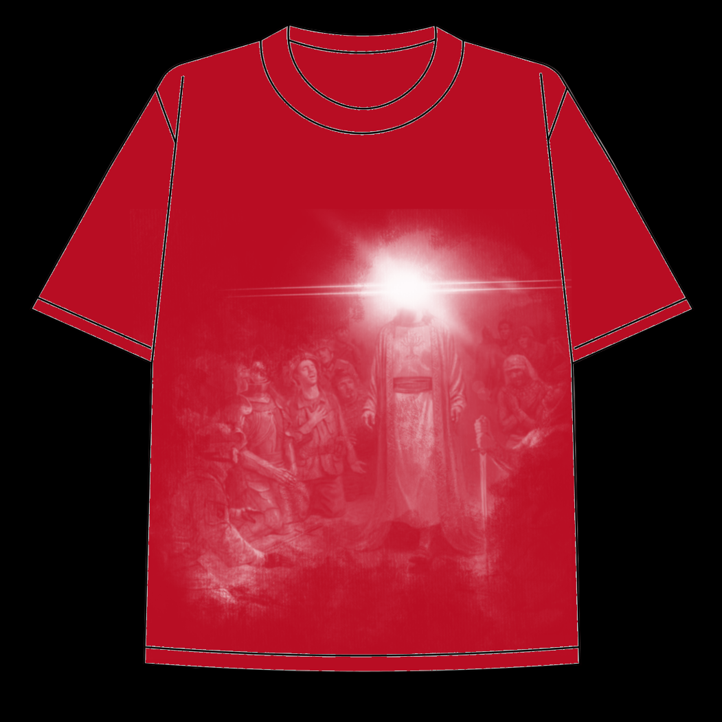 Red heavyweight  t-shirt with graphic of the messiah shining bright with his purity amongst kneeling men.