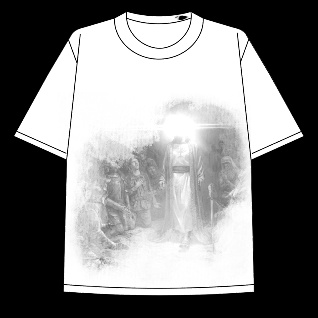 White heavyweight  t-shirt with graphic of the messiah shining bright with his purity amongst kneeling men.